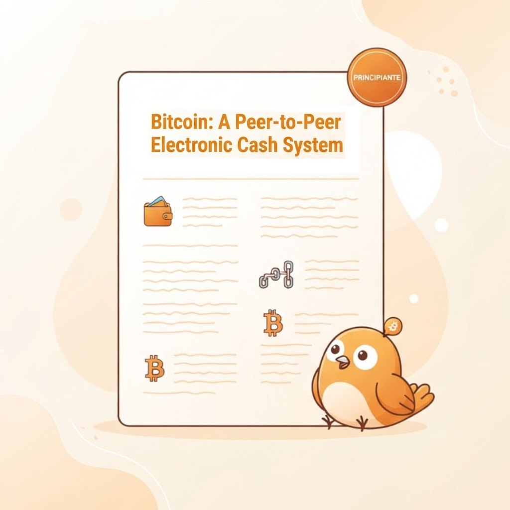 Ilustración de una hoja de papel con líneas de texto estilizadas en naranja sobre fondo claro, representando el libro blanco de Bitcoin como un documento técnico breve. El título en la parte superior reproduce el del papel original: "Bitcoin: A Peer-to-Peer Electronic Cash System". Etiqueta de nivel