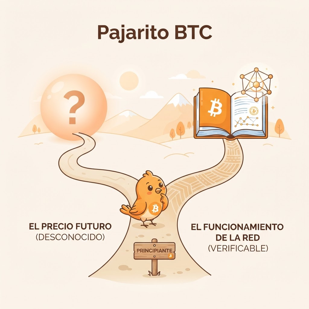 Ilustración con dos caminos que se bifurcan. El camino izquierdo lleva a un signo de interrogación que representa el precio futuro desconocido. El camino derecho lleva a un libro abierto con reglas y un nodo, representando el funcionamiento verificable de la red Bitcoin. Estilo vectorial naranja cál