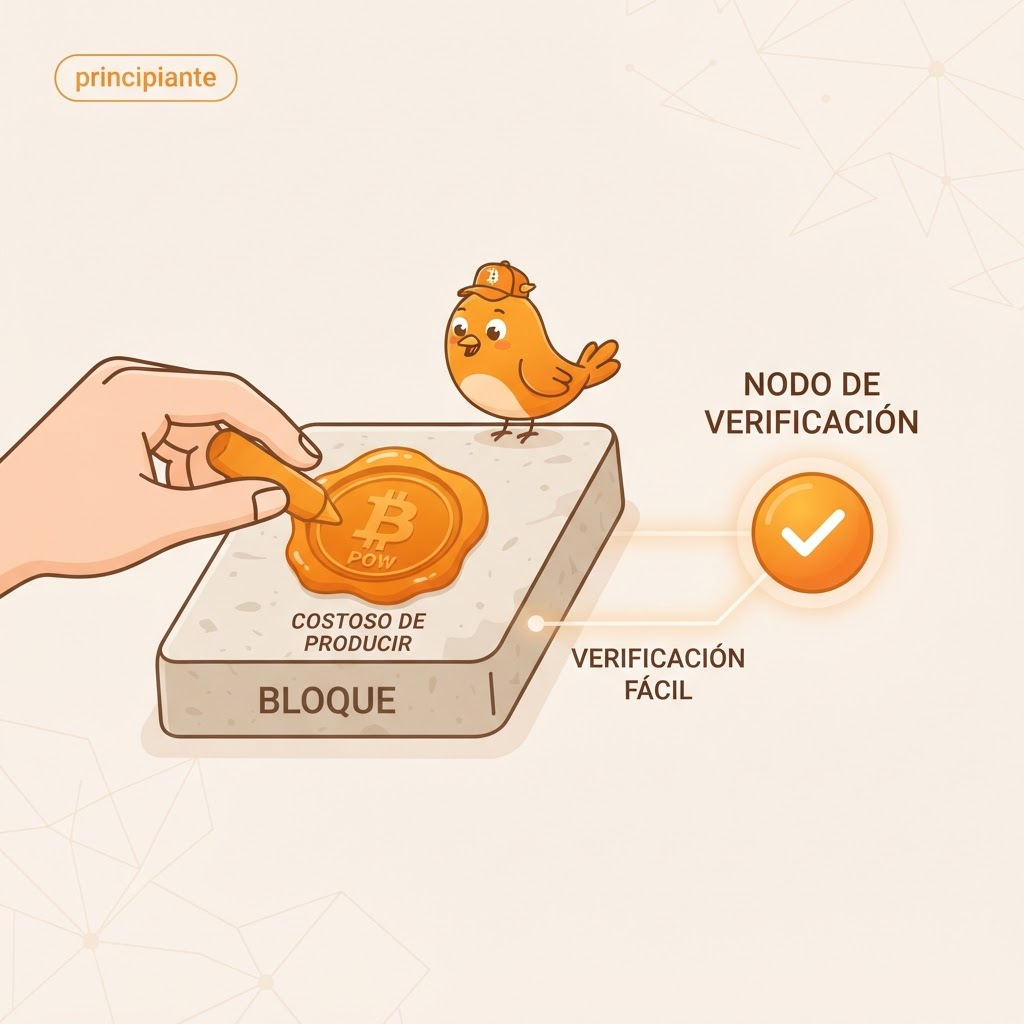 Ilustración de un sello de cera naranja estampado sobre un bloque, con un nodo que lo verifica fácilmente. Representa la prueba de trabajo en Bitcoin: costoso de fabricar, fácil de comprobar.