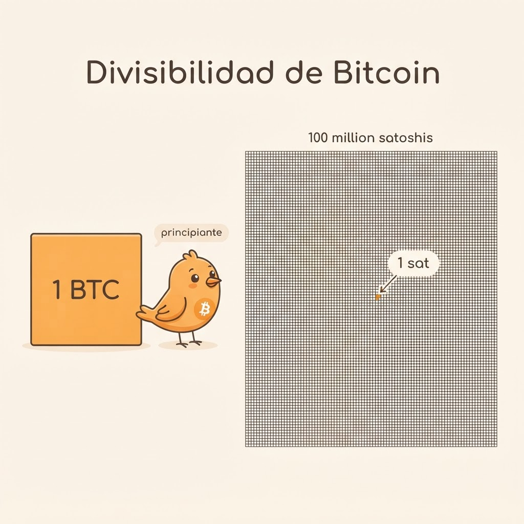 Ilustración de un bloque naranja etiquetado como 1 BTC, dividido en una cuadrícula de cien millones de celdas. Una celda está destacada y etiquetada como 1 sat, mostrando que un bitcoin se divide en satoshis.