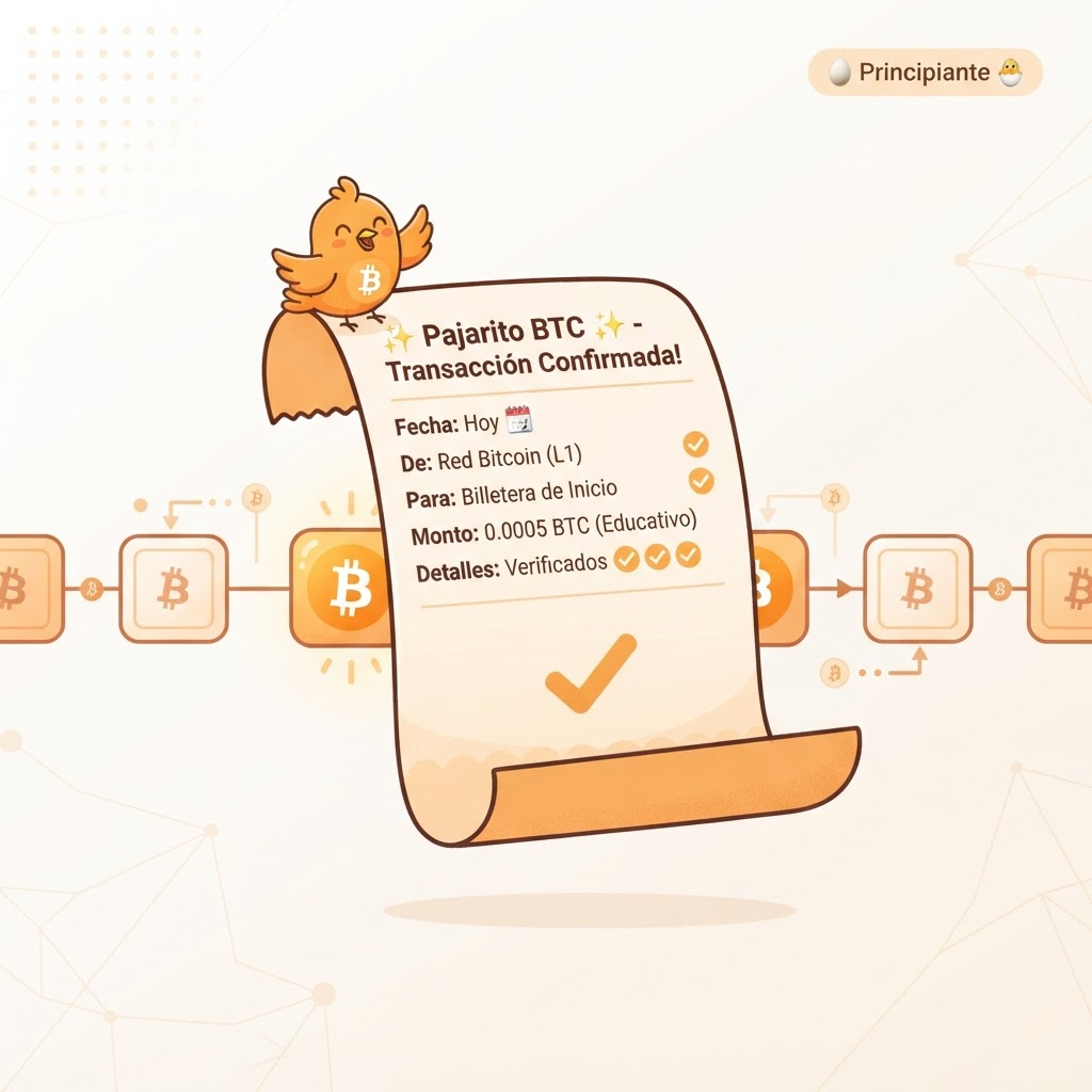Ilustración de un recibo público conectado a un bloque de la cadena de Bitcoin. El recibo tiene marcas de verificación en naranja cálido. Fondo claro, estilo vectorial limpio.