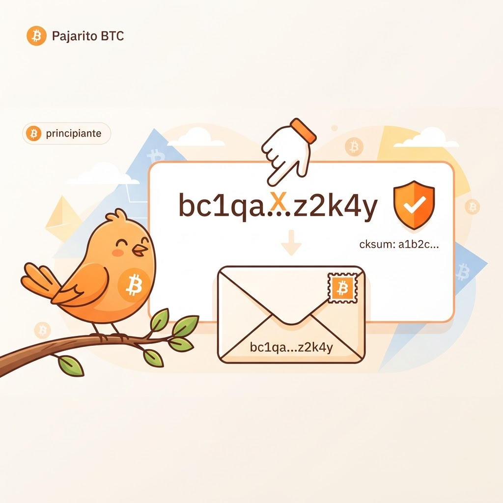 Ilustración de una dirección de Bitcoin como una hilera de caracteres con un escudo naranja que representa la suma de comprobación, señalando cómo la red detecta errores de escritura antes de enviar.