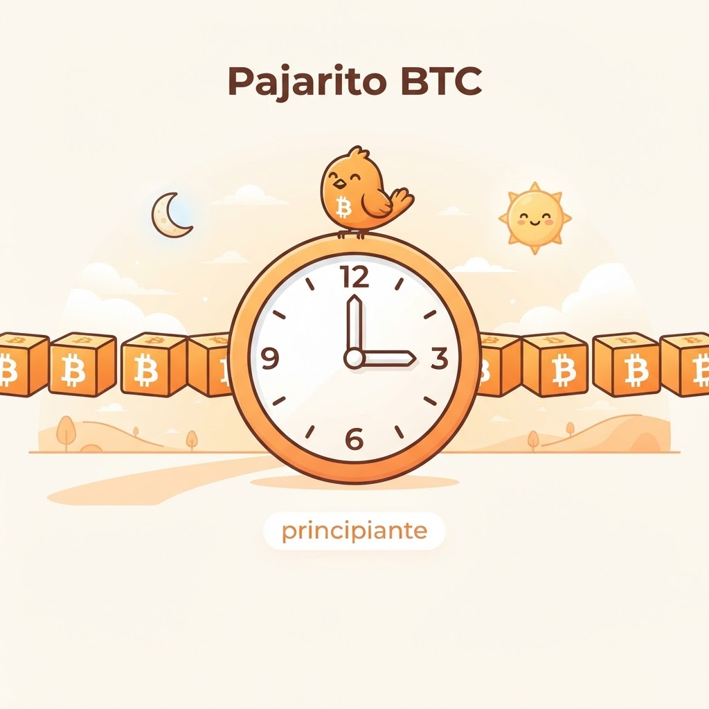 Ilustración de un reloj analógico que marca las 3:00 rodeado de bloques de Bitcoin alineados en fila, con una luna y un sol pequeños en esquinas opuestas. Fondo cálido claro. Etiqueta: nivel principiante.
