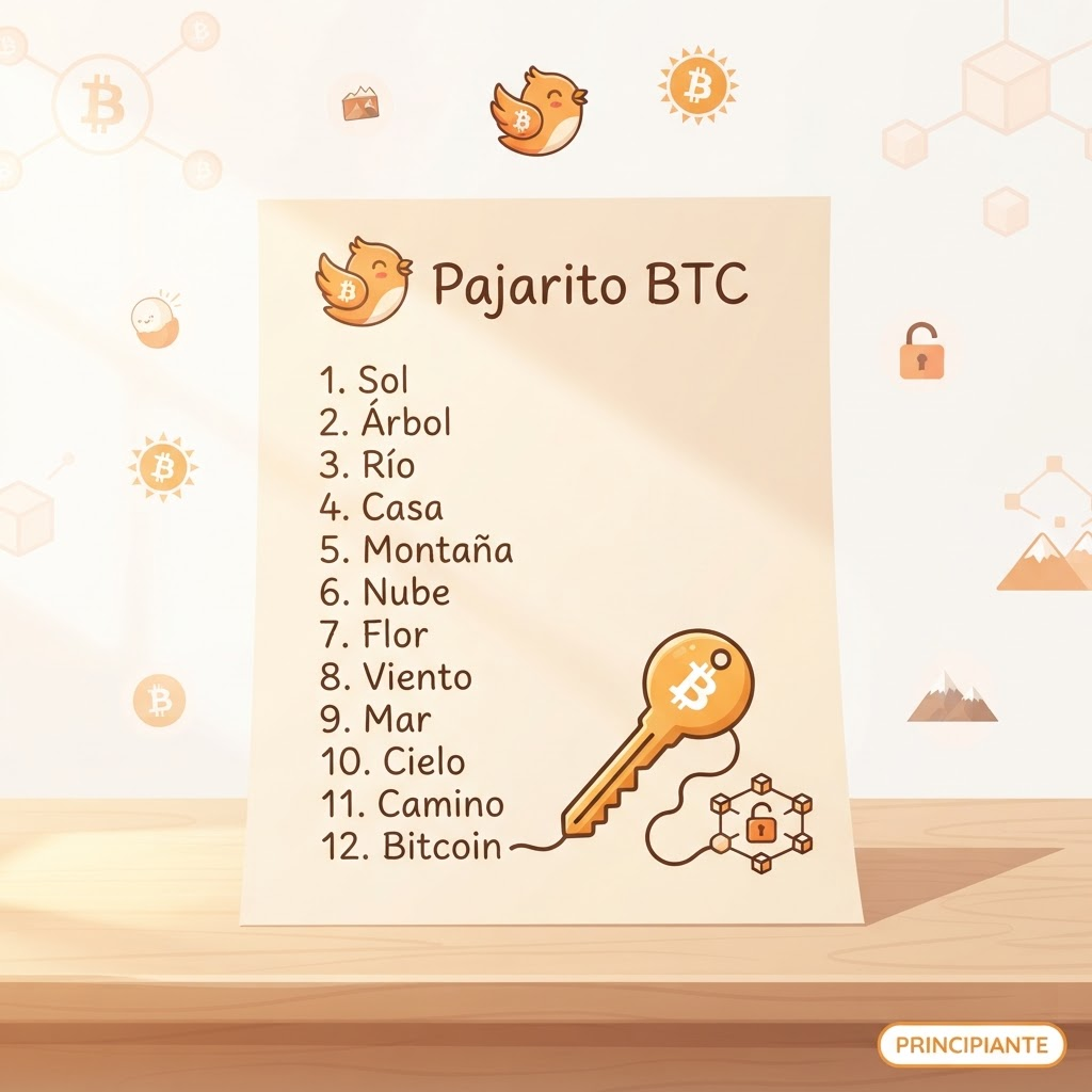 Ilustración de una hoja de papel con una lista numerada de doce palabras escritas a mano. De la última palabra nace una llave estilizada, en tono naranja cálido sobre fondo claro. Etiqueta discreta: nivel principiante.