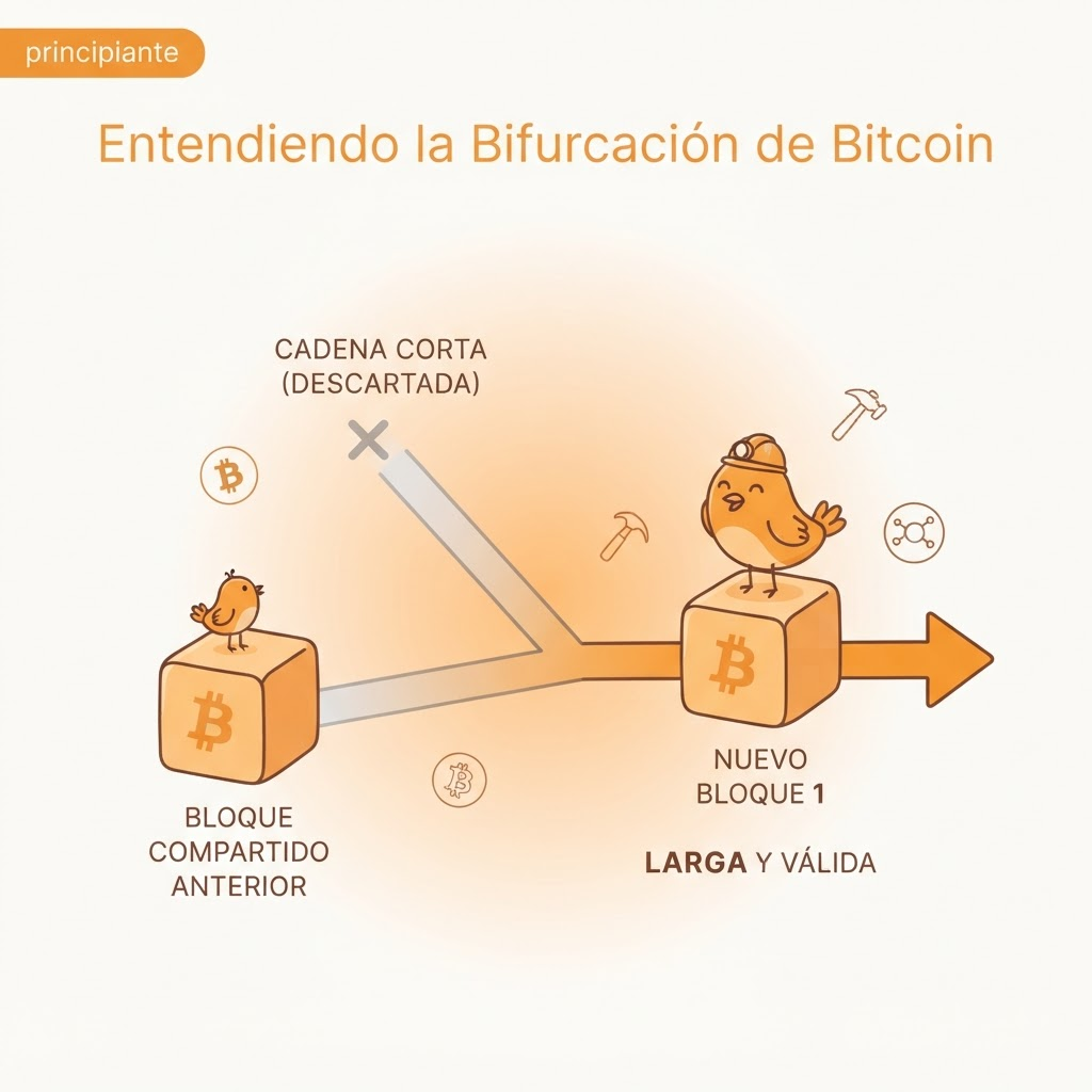 Ilustración de una bifurcación temporal en la cadena de bloques de Bitcoin: dos bloques nacen al mismo tiempo desde un bloque anterior y forman dos ramas. Sobre una de ellas se coloca un bloque nuevo, marcándola como la cadena más larga. La rama corta queda atenuada en gris. Etiqueta discreta: nivel