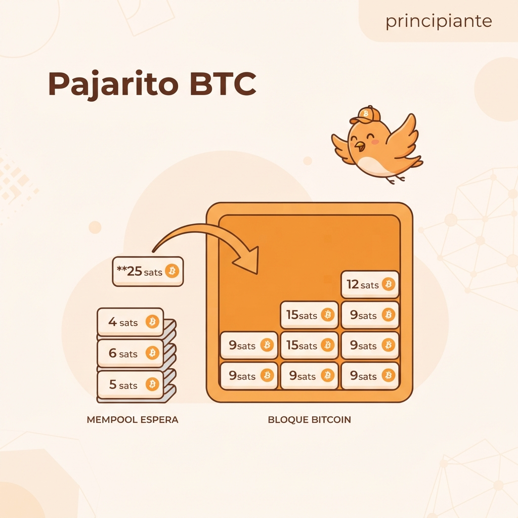 Ilustración de un bloque de Bitcoin cuadrado naranja parcialmente lleno de tarjetas de transacción. A la izquierda, varias tarjetas esperan en una zona separada. Cada tarjeta muestra un número que representa el fee. Una flecha indica que la tarjeta con el fee más alto es seleccionada para entrar al