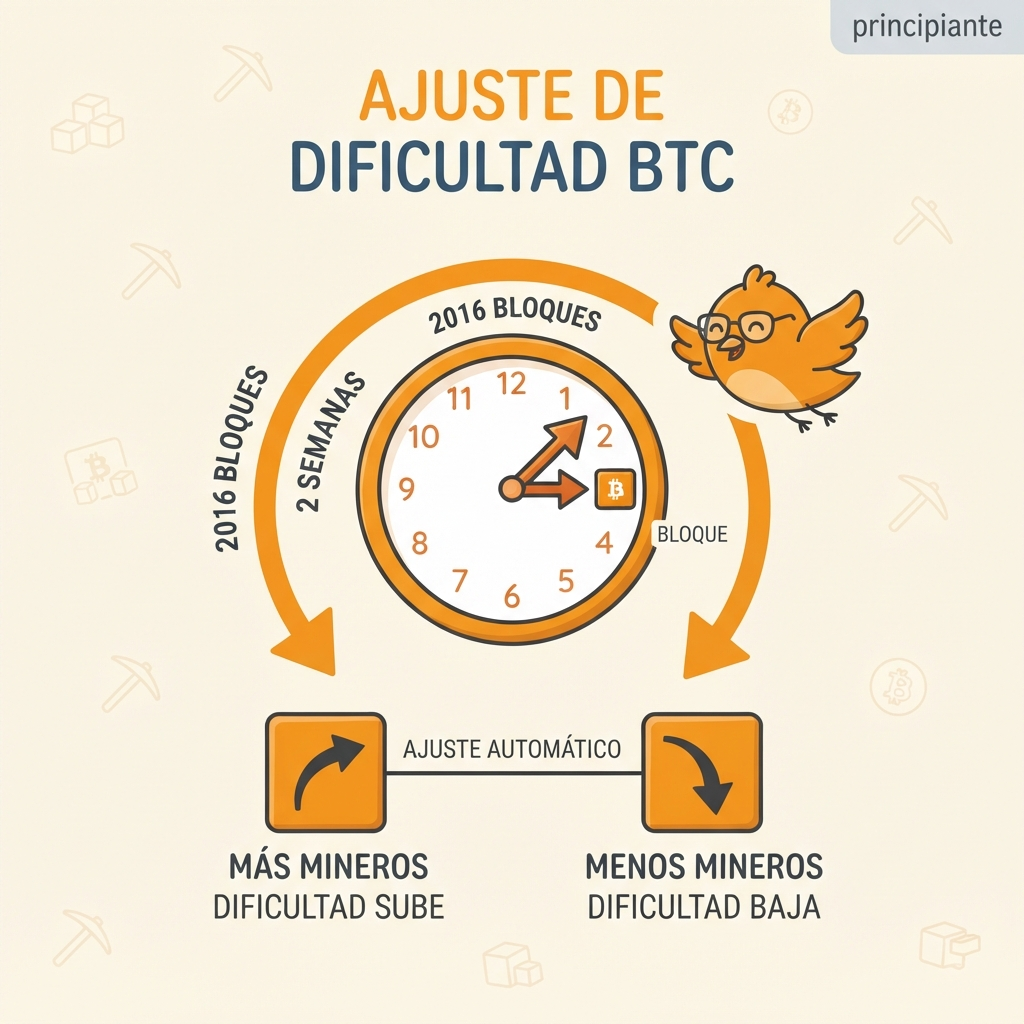 Ilustración de un reloj de pared simplificado en naranja cálido sobre fondo claro, con una flecha curva que forma un ciclo alrededor del reloj. Debajo, dos bloques pequeños con flechas que indican subida y bajada de dificultad, representando el ajuste automático de Bitcoin cada 2016 bloques. Etiquet