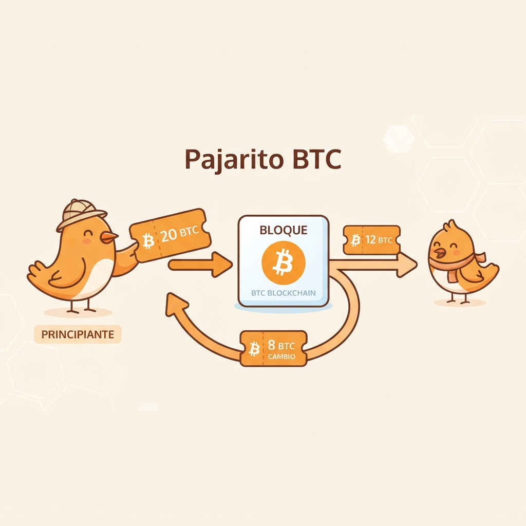 Ilustración que explica el modelo UTXO de Bitcoin: un billete de valor 20 entra en un bloque como entrada, y del bloque salen dos billetes, uno de valor 12 hacia el destinatario y otro de valor 8 como cambio que vuelve al remitente. Etiqueta de nivel principiante.