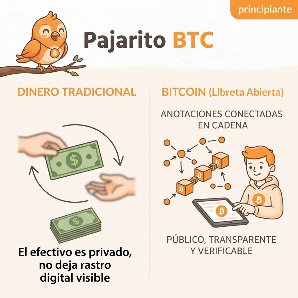 Ilustración que compara un billete físico sin rastro con una libreta pública de transacciones encadenadas, mostrando que Bitcoin deja registro visible mientras el efectivo no