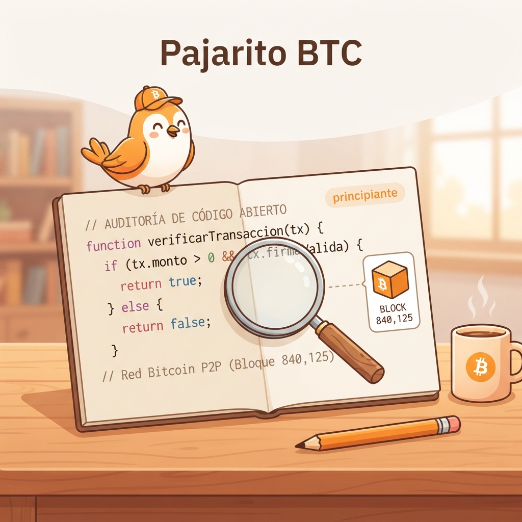 Ilustración de una página de código abierto sobre una mesa con luz cálida. Una lupa reposa sobre el código, sugiriendo que cualquiera puede leerlo y auditarlo. Junto a la página, un símbolo discreto de bloque de Bitcoin conecta el concepto con la red. Etiqueta discreta: nivel principiante.