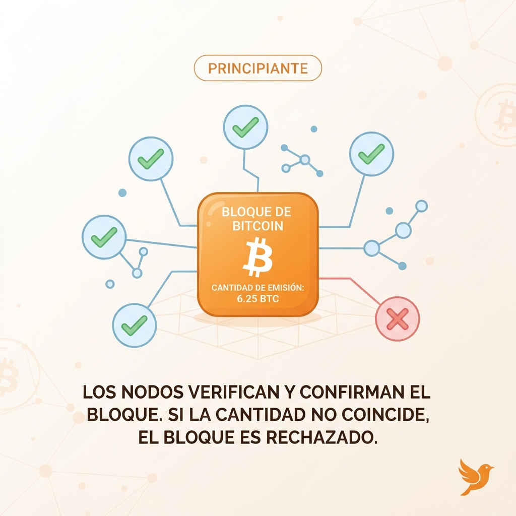 Ilustración de un bloque de Bitcoin conectado a varios nodos que verifican su emisión. La mayoría de nodos muestran una marca de verificación; uno muestra una X indicando rechazo. Fondo claro con tonos naranja cálidos. Etiqueta nivel: principiante en la esquina.