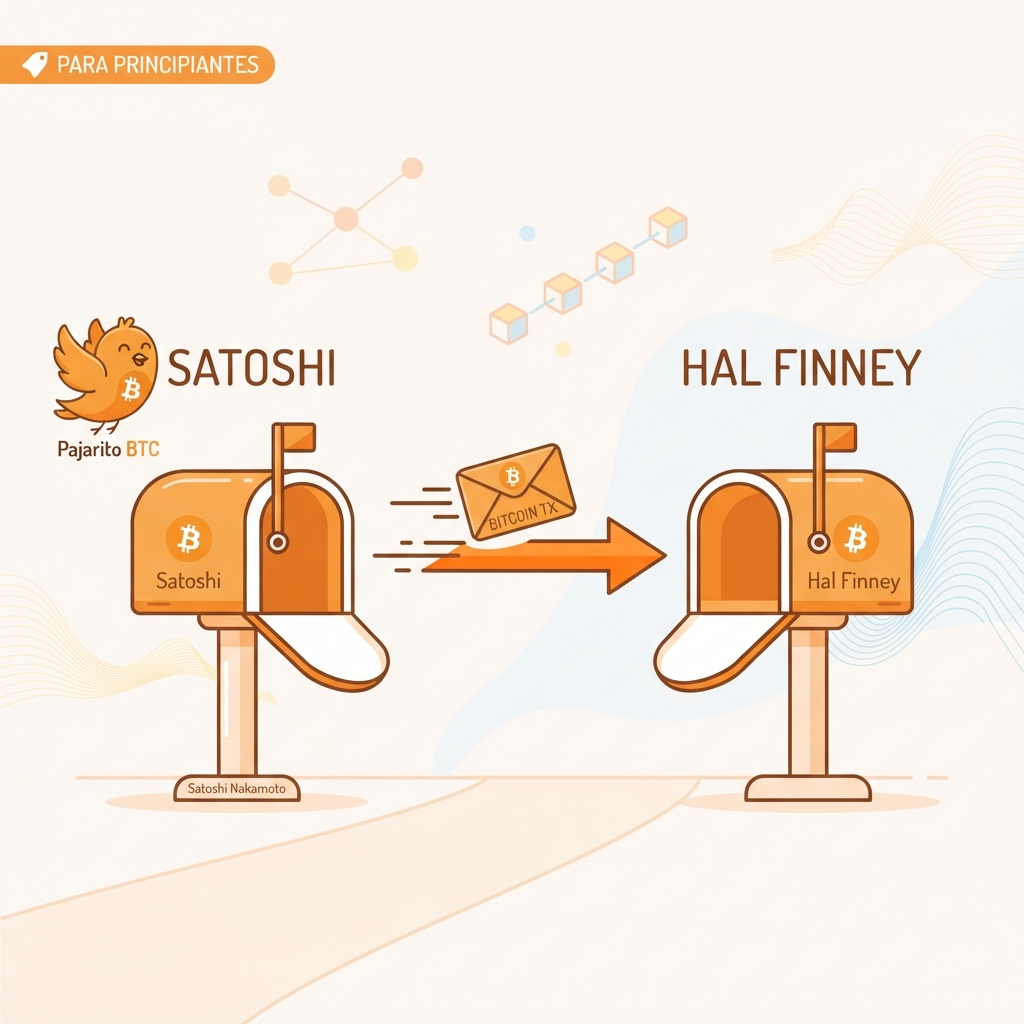 Ilustracion vectorial de dos buzones publicos conectados por una flecha naranja que lleva un sobre con el numero 10. Simboliza la primera transaccion de Bitcoin entre dos personas, de Satoshi Nakamoto a Hal Finney en 2009. Fondo claro, estilo didactico, etiqueta nivel principiante.