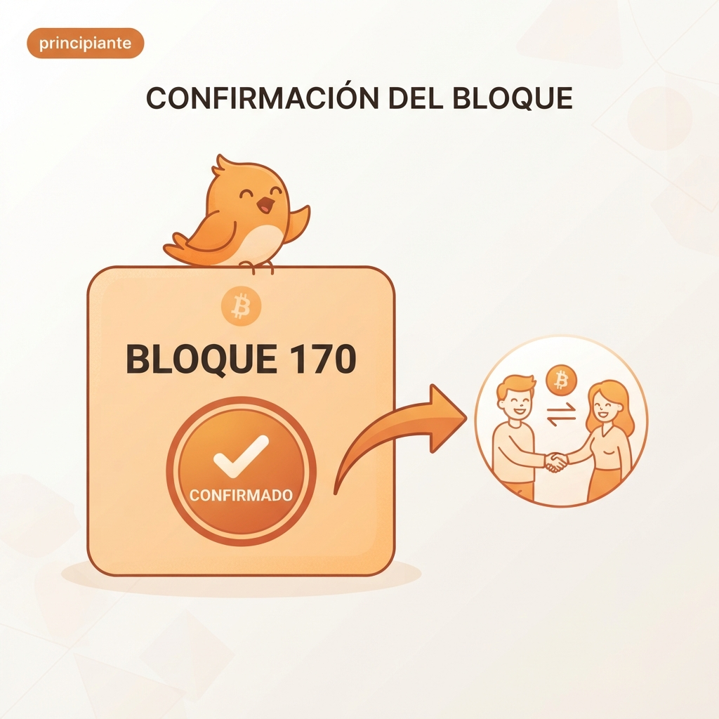 Ilustración de un bloque de Bitcoin etiquetado con el número 170, conectado a una transacción entre dos figuras humanas simples. Fondo claro con tonos naranjas cálidos. Etiqueta discreta que indica nivel principiante.