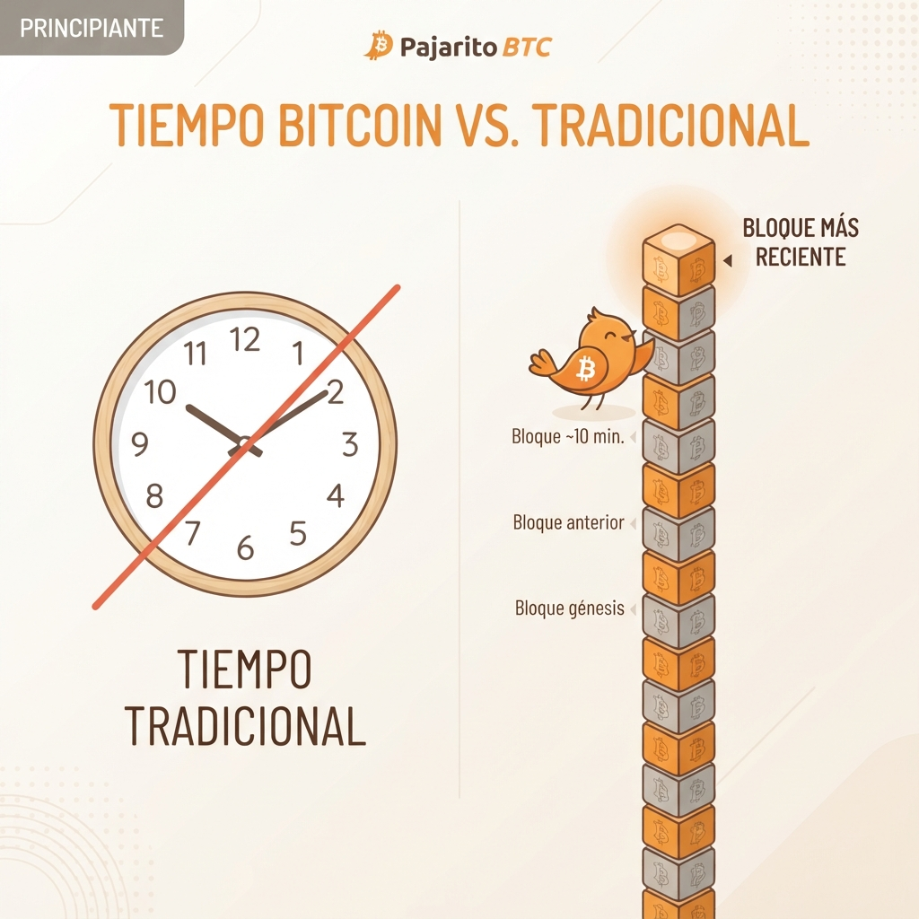 Ilustración que compara un reloj de pared tachado con una columna de bloques de Bitcoin apilados, mostrando que Bitcoin mide el tiempo en bloques de aproximadamente 10 minutos en lugar de usar relojes convencionales