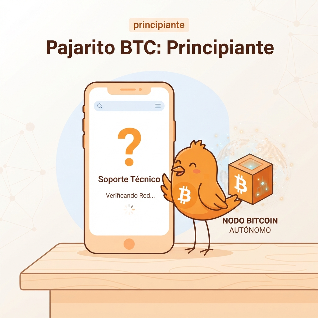 Ilustración que muestra un teléfono sin respuesta junto a un nodo de Bitcoin activo, explicando que Bitcoin no tiene app oficial ni soporte técnico porque es un protocolo abierto.