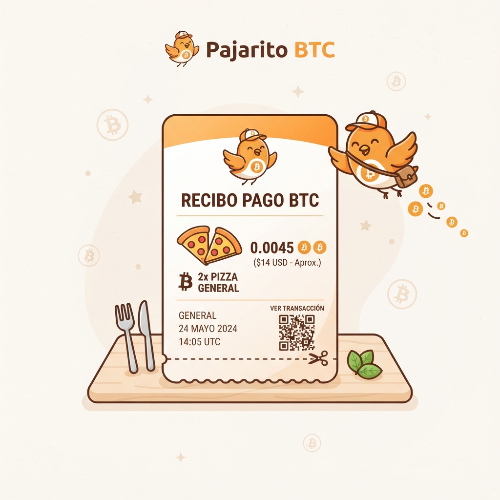 Ilustración didáctica de dos pizzas junto a un símbolo de Bitcoin, recordando la primera compra real con la red en mayo de 2010.