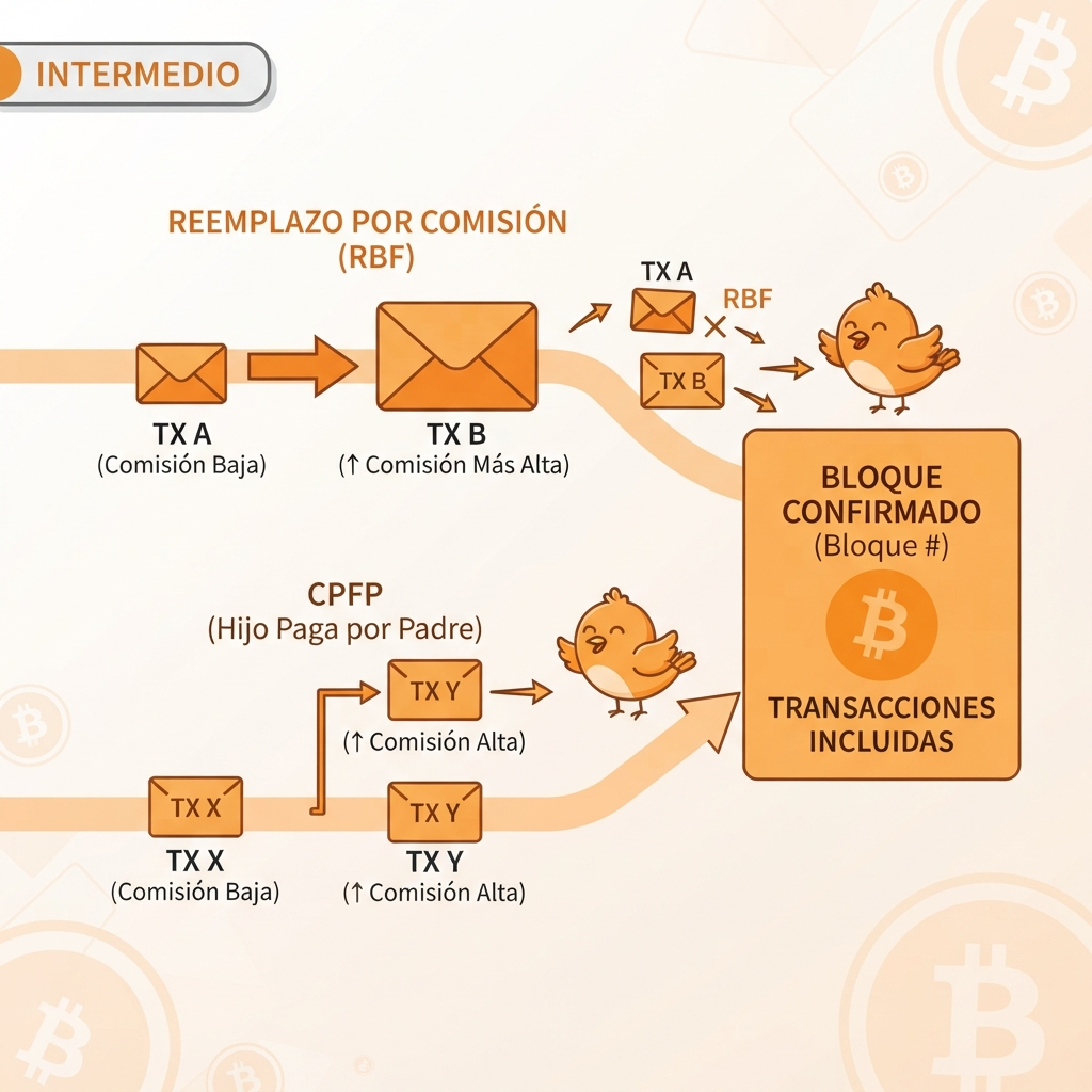 Ilustración vectorial que muestra dos caminos técnicos para desatascar una transacción de Bitcoin: RBF reemplaza la transacción original con una de mayor fee, y CPFP encadena una segunda transacción que arrastra a la primera hacia el bloque.