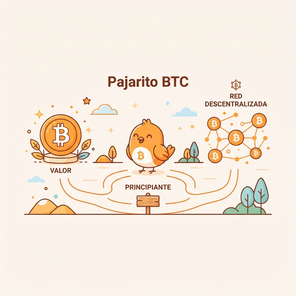 Ilustración con dos caminos que nacen de un mismo punto: uno hacia una moneda de Bitcoin, otro hacia una red de nodos conectados. Estilo vectorial limpio, naranja cálido, fondo claro.