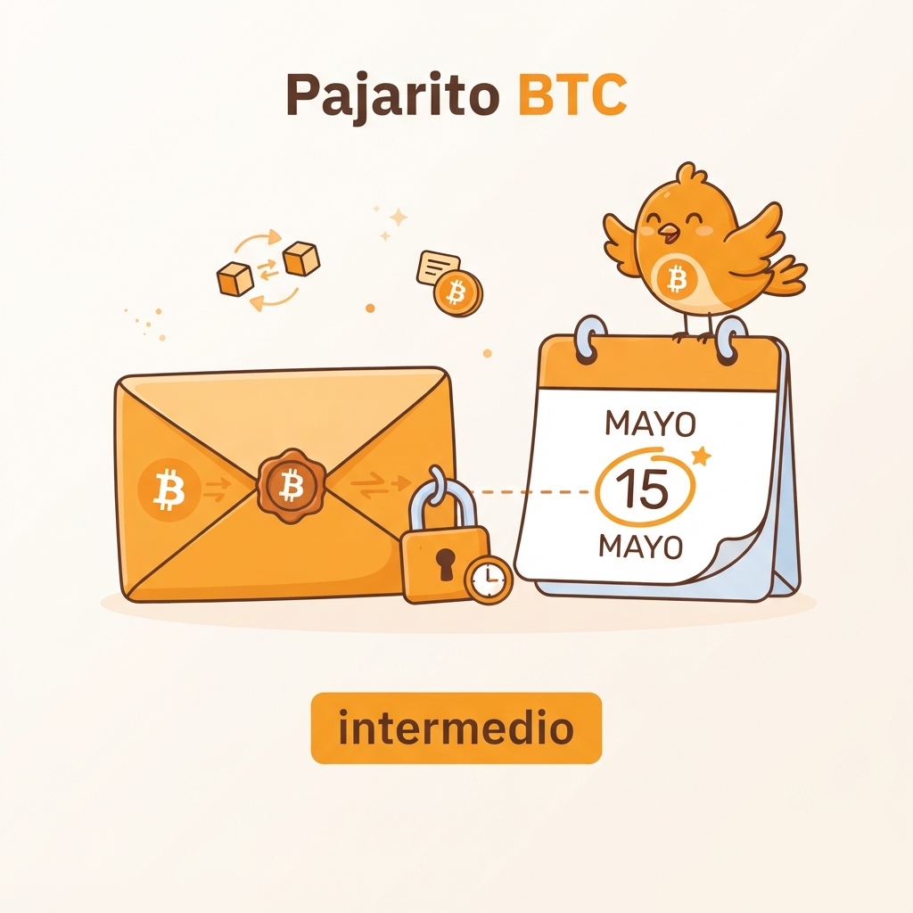 Ilustración de una transacción de Bitcoin con un candado y un calendario que representa el campo locktime, que impide la confirmación hasta una fecha futura.