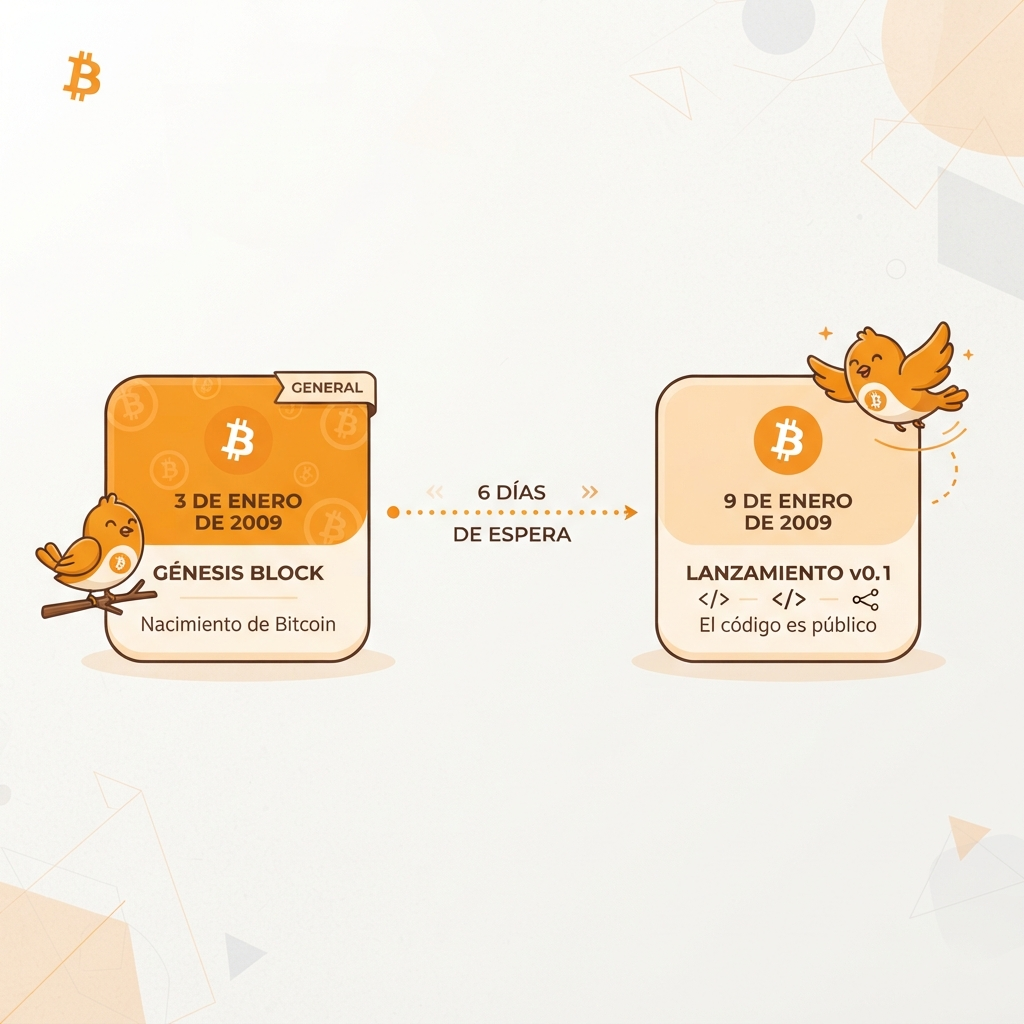 Ilustración de dos bloques de Bitcoin separados por seis días, mostrando el bloque génesis del 3 de enero y el bloque 1 del 9 de enero de 2009