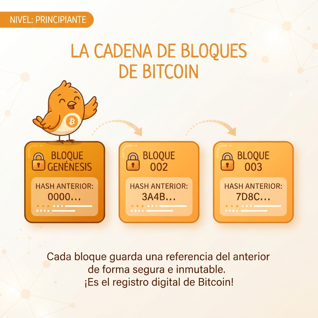 Ilustración de tres bloques naranjas conectados en cadena, cada uno con una huella digital interior, sobre fondo claro.
