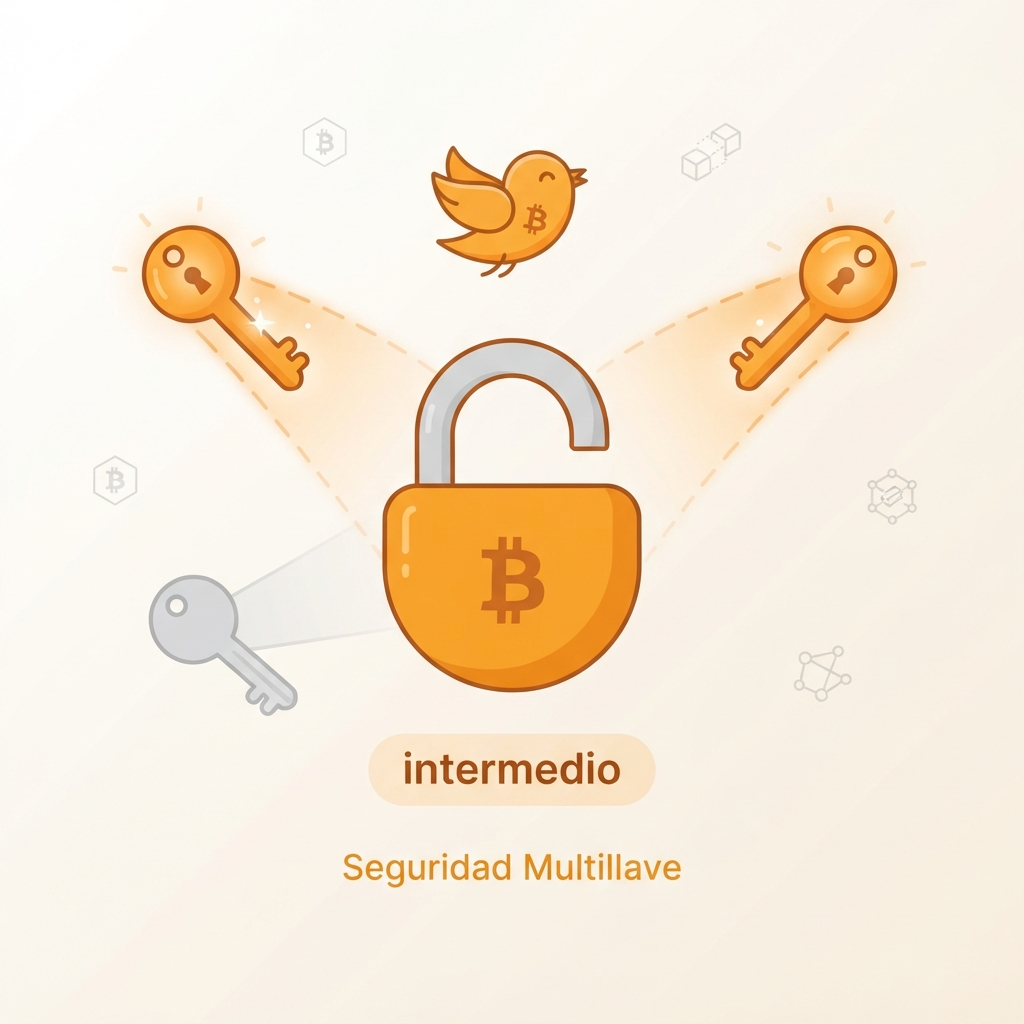 Ilustración de tres llaves estilizadas conectadas a un candado central, dos activas en naranja y una inactiva en gris, representando un esquema de firmas múltiples en Bitcoin