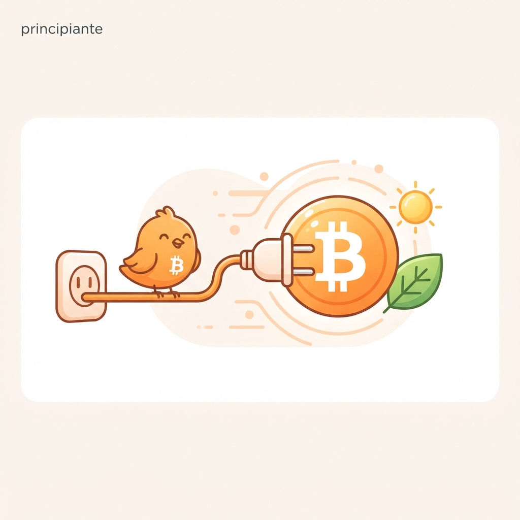 Ilustración vectorial de un cable de energía conectado a un símbolo de Bitcoin con una hoja verde al lado, en tonos naranja cálido sobre fondo claro.