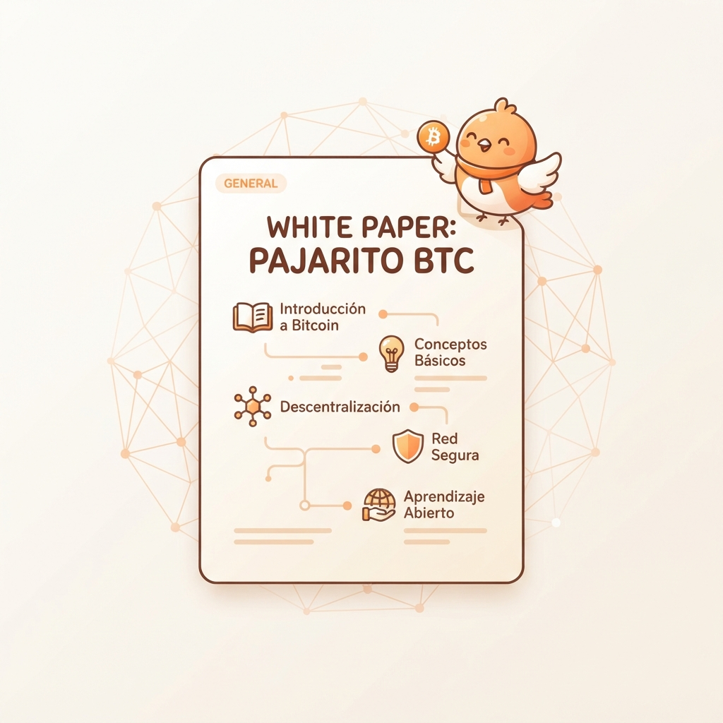 Ilustración de un documento técnico con el título del whitepaper de Bitcoin, estilo vectorial naranja sobre fondo claro