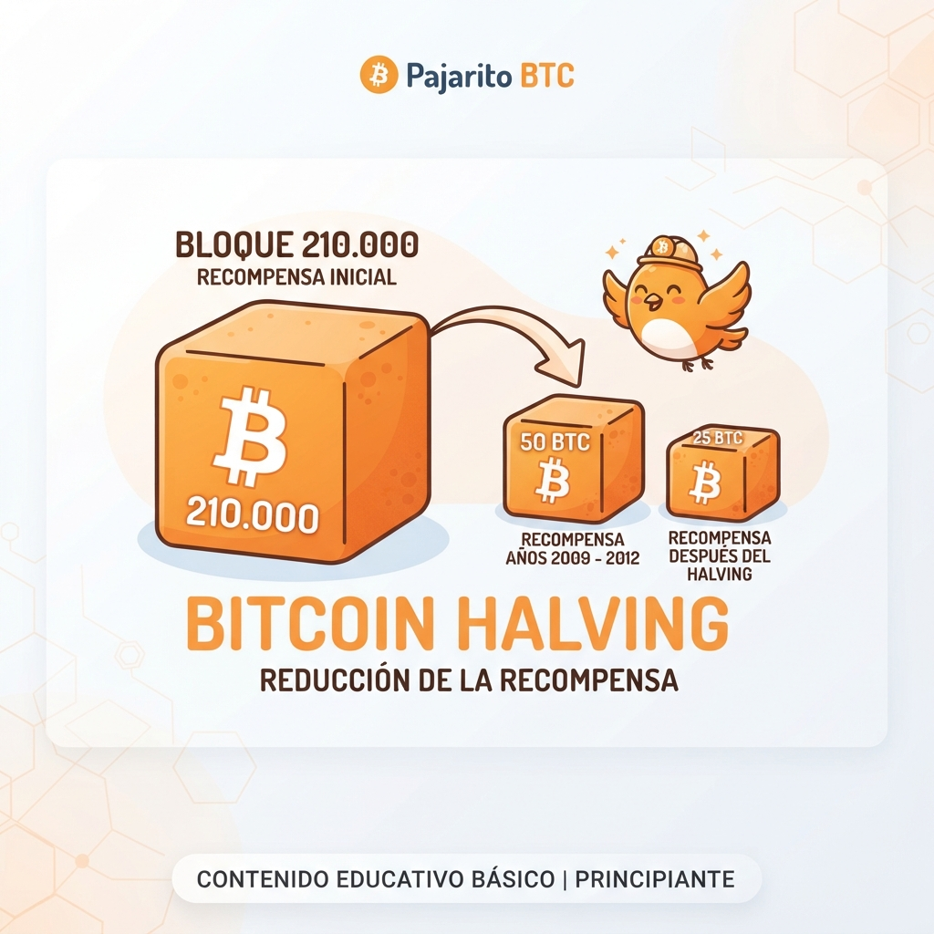 Ilustración que muestra el primer halving de Bitcoin en 2012, con la recompensa por bloque reduciéndose de 50 a 25 BTC de forma automática