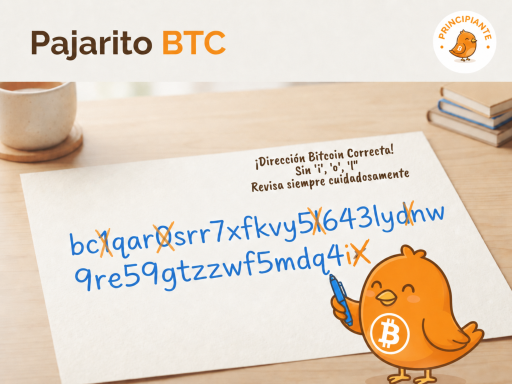 Ilustración de una dirección de Bitcoin escrita a mano con letras ambiguas excluidas del alfabeto