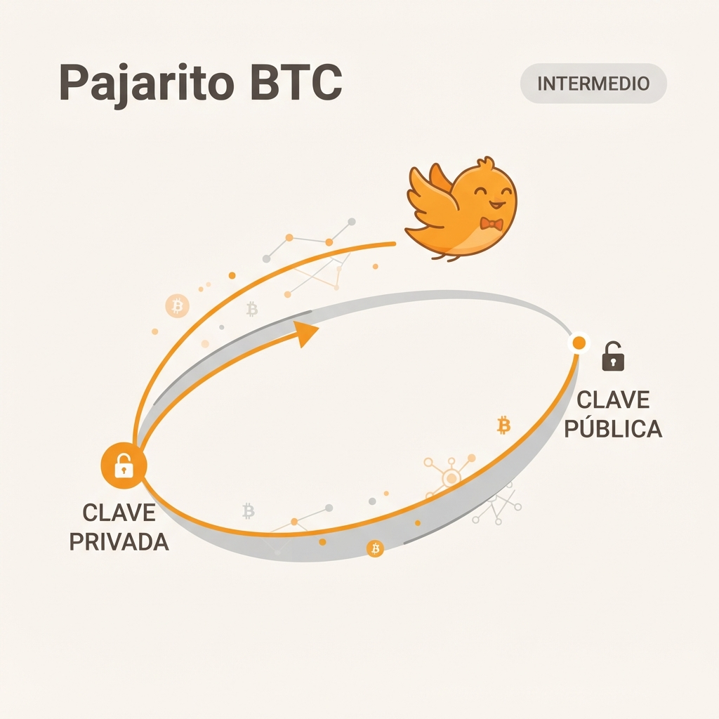Ilustración didáctica de una curva elíptica con flecha unidireccional que muestra la relación asimétrica entre clave privada y clave pública en Bitcoin