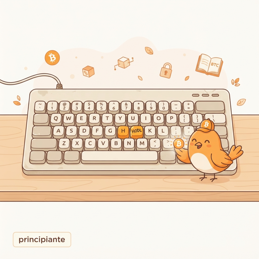 Ilustración de un teclado con la palabra HODL resaltada como error tipográfico, con un pájaro naranja curioso observando