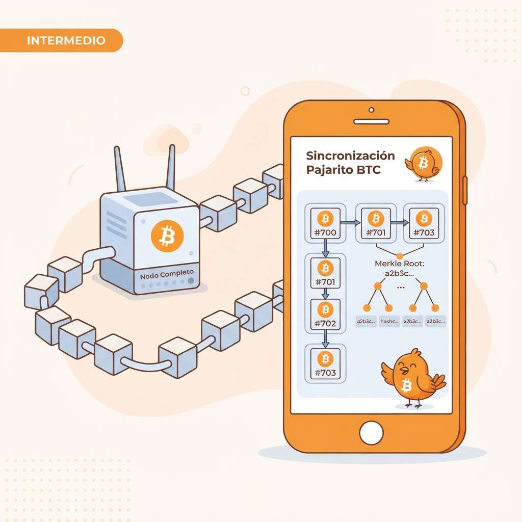 Ilustración didáctica que muestra cómo un nodo ligero SPV verifica inclusiones en bloques mediante pruebas Merkle desde un teléfono móvil, mientras un nodo completo mantiene la cadena entera en segundo plano