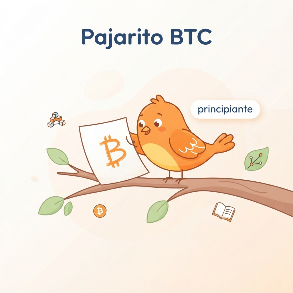 Ilustración de un pájaro naranja dibujando el símbolo de Bitcoin de forma espontánea sobre una página en blanco, simbolizando que la cultura de Bitcoin nace de la comunidad