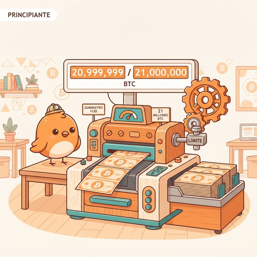 Ilustración vectorial de una imprenta que se detiene tras imprimir 21 millones de billetes con el símbolo de Bitcoin.