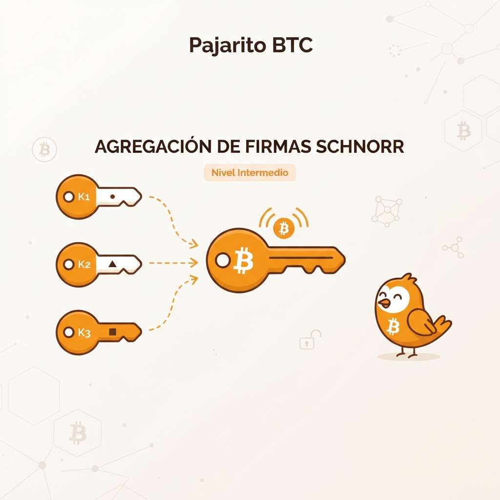 Ilustración de tres llaves que se combinan en una sola, representando la firma agregada de Schnorr en Bitcoin