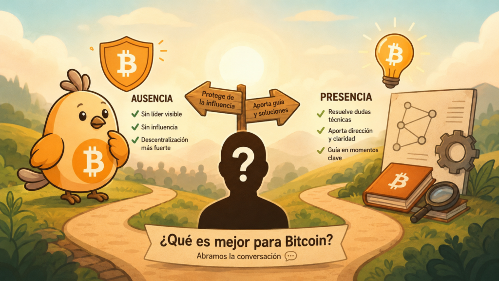Silueta anónima con signo de interrogación junto al símbolo de Bitcoin, ilustración didáctica sobre el misterio de Satoshi Nakamoto