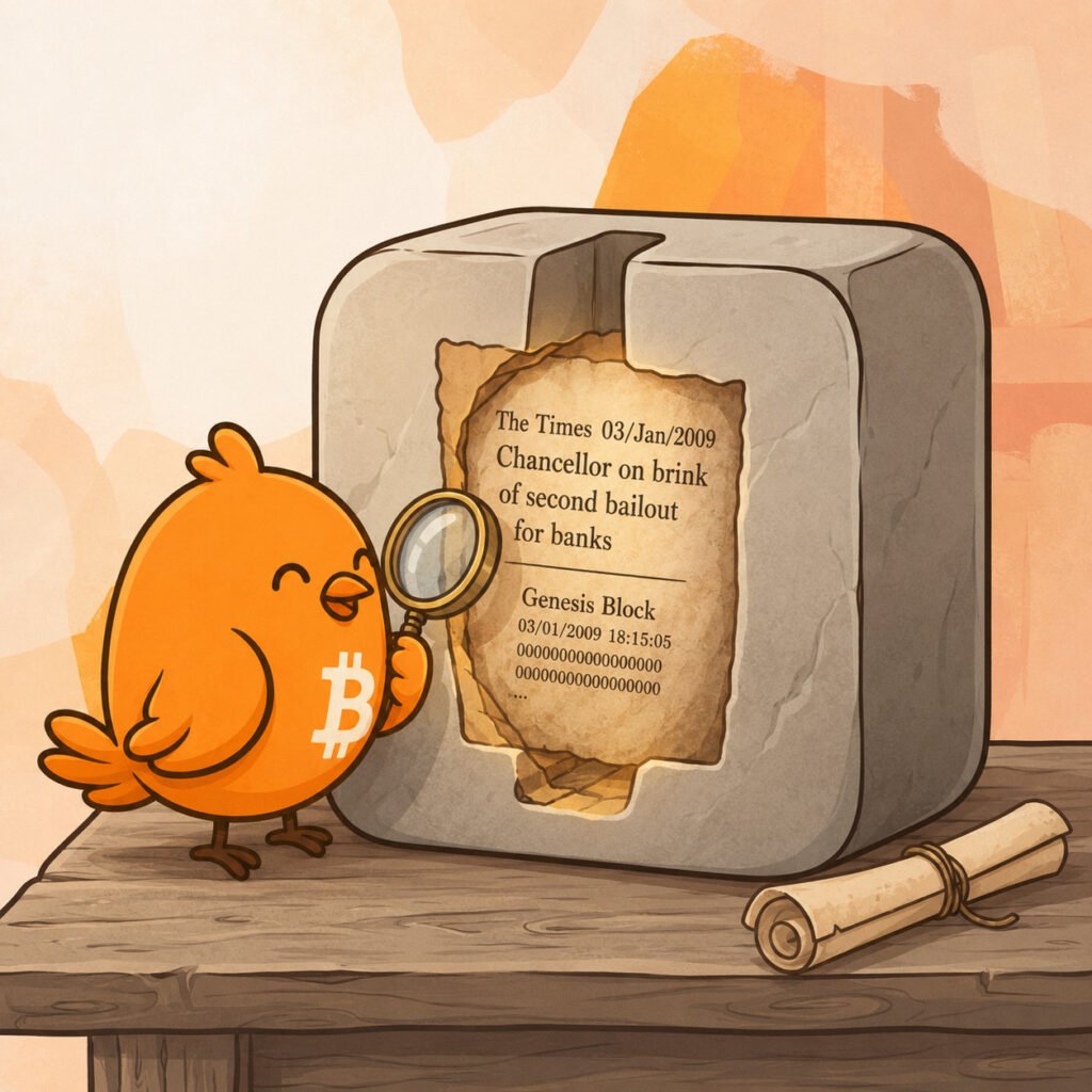 Ilustración de un bloque geométrico naranja que muestra un fragmento de periódico con la fecha 3 de enero de 2009, referencia al mensaje oculto en el bloque génesis de Bitcoin.