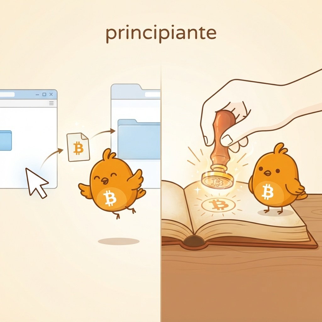 Ilustración que contrasta copiar un archivo digital gratis con sellar una página nueva en un registro usando energía, para explicar por qué Bitcoin no se puede falsificar.