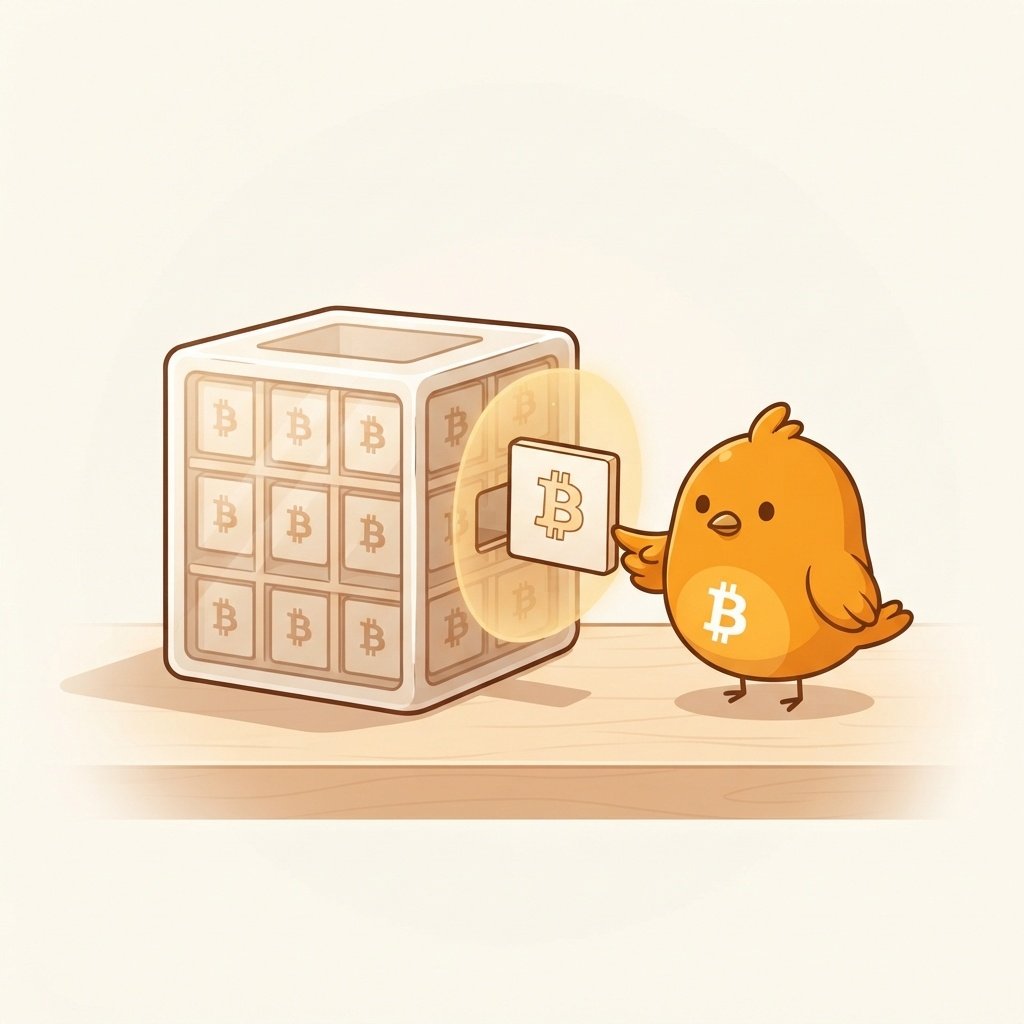 Pajarito junto a un bloque de Bitcoin con una transacción pequeña y espacio compartido visible.