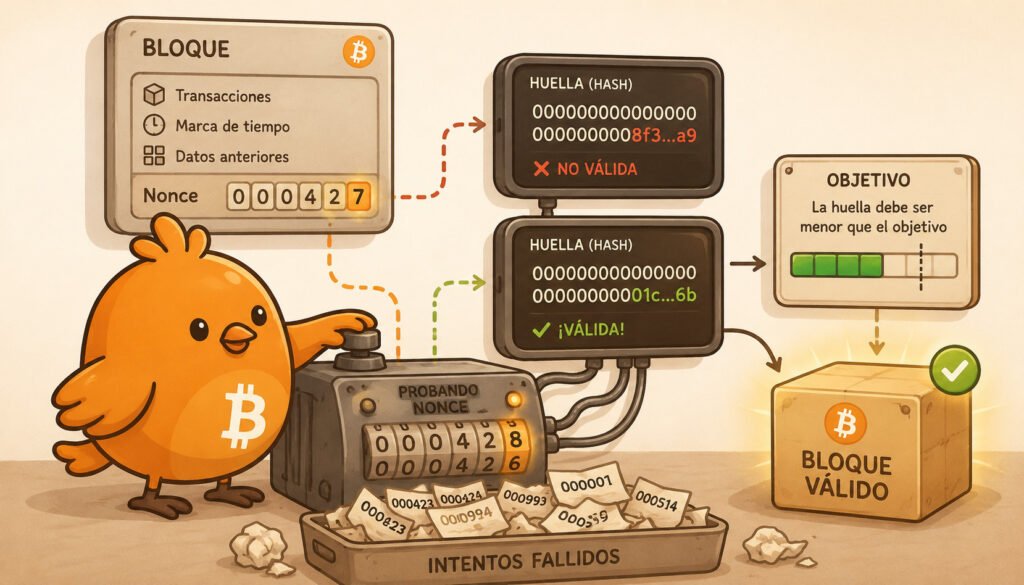 Ilustración de un pájaro que prueba números llamados nonces hasta encontrar el que produce una huella válida para un bloque de Bitcoin