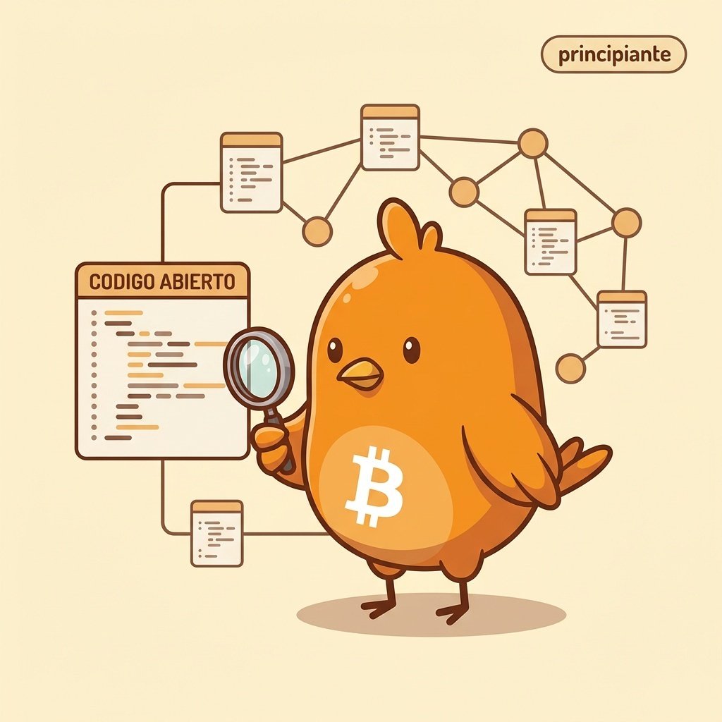 Pájaro con lupa examinando un bloque de código de Bitcoin sobre una red de nodos conectados