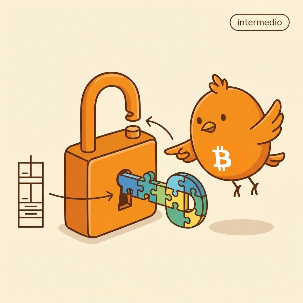 Ilustración didáctica de un candado naranja que se abre con una llave de puzzle, junto a un diagrama de pila que representa el script de Bitcoin.