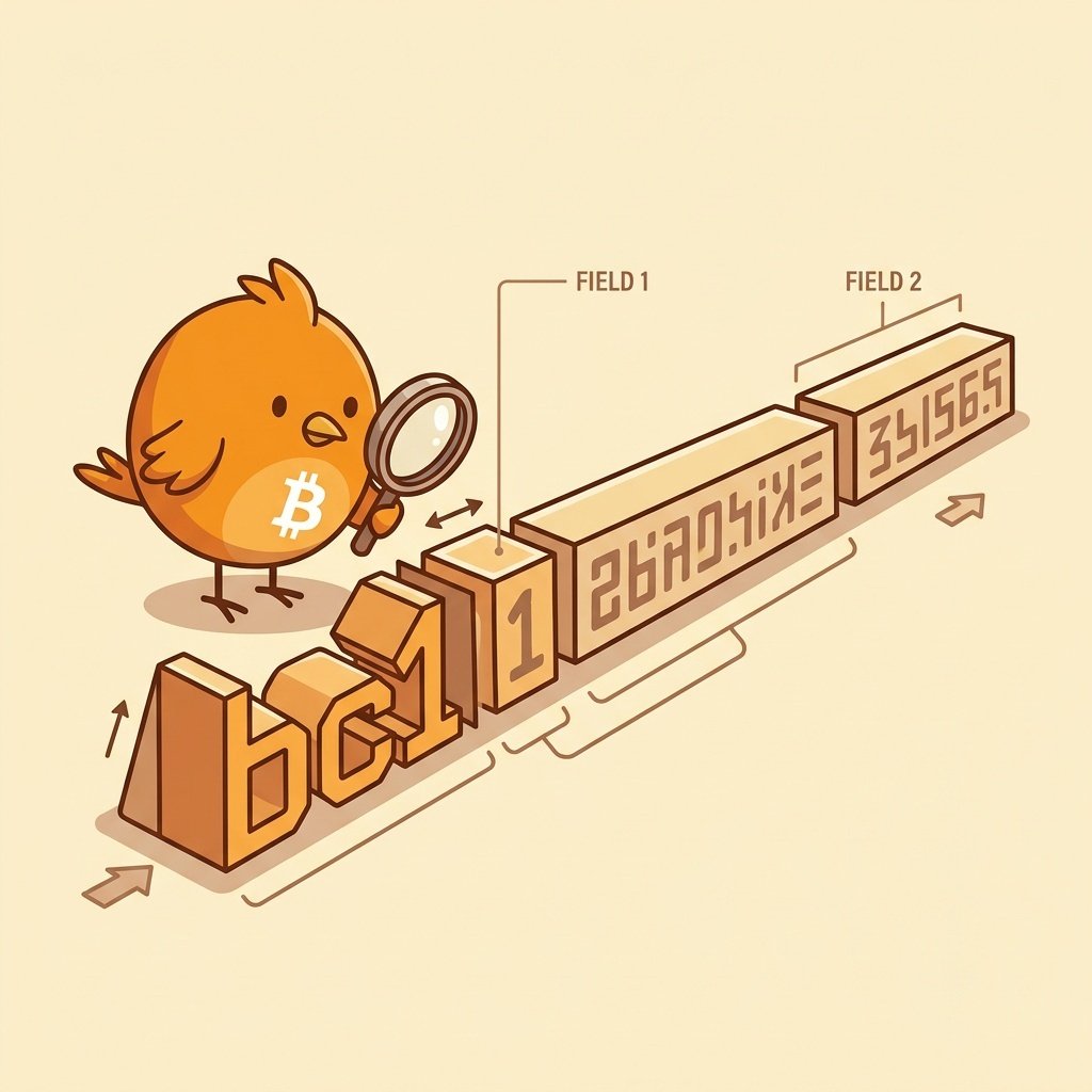 Ilustración didáctica de una dirección de Bitcoin moderna con el prefijo bc1 destacado y un campo de versión señalado
