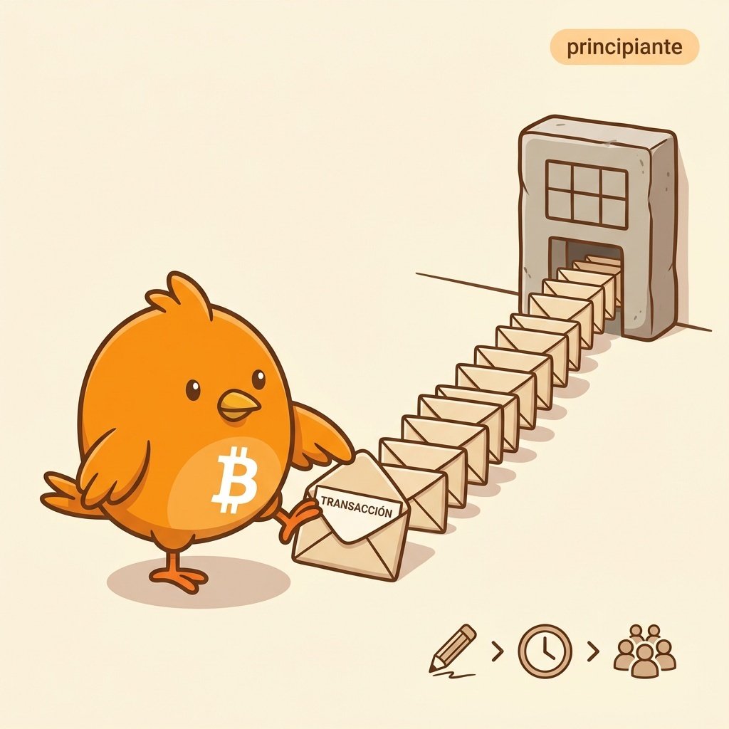 Ilustración de una sala de espera donde sobres con transacciones de Bitcoin aguardan ordenados antes de entrar a un bloque