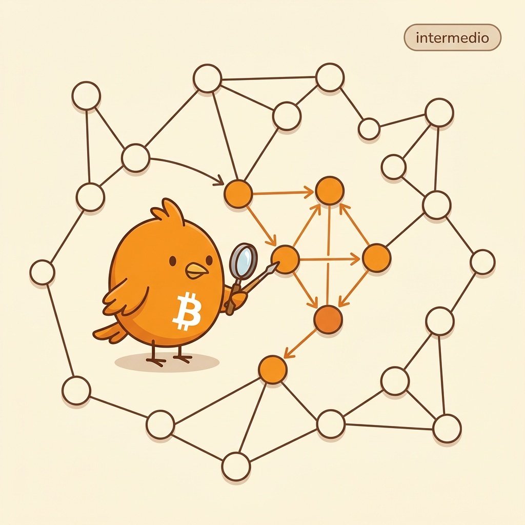 Grafo de nodos naranja conectados por líneas sobre fondo claro, ilustrando cómo las transacciones de Bitcoin forman un rastro público de conexiones entre direcciones.