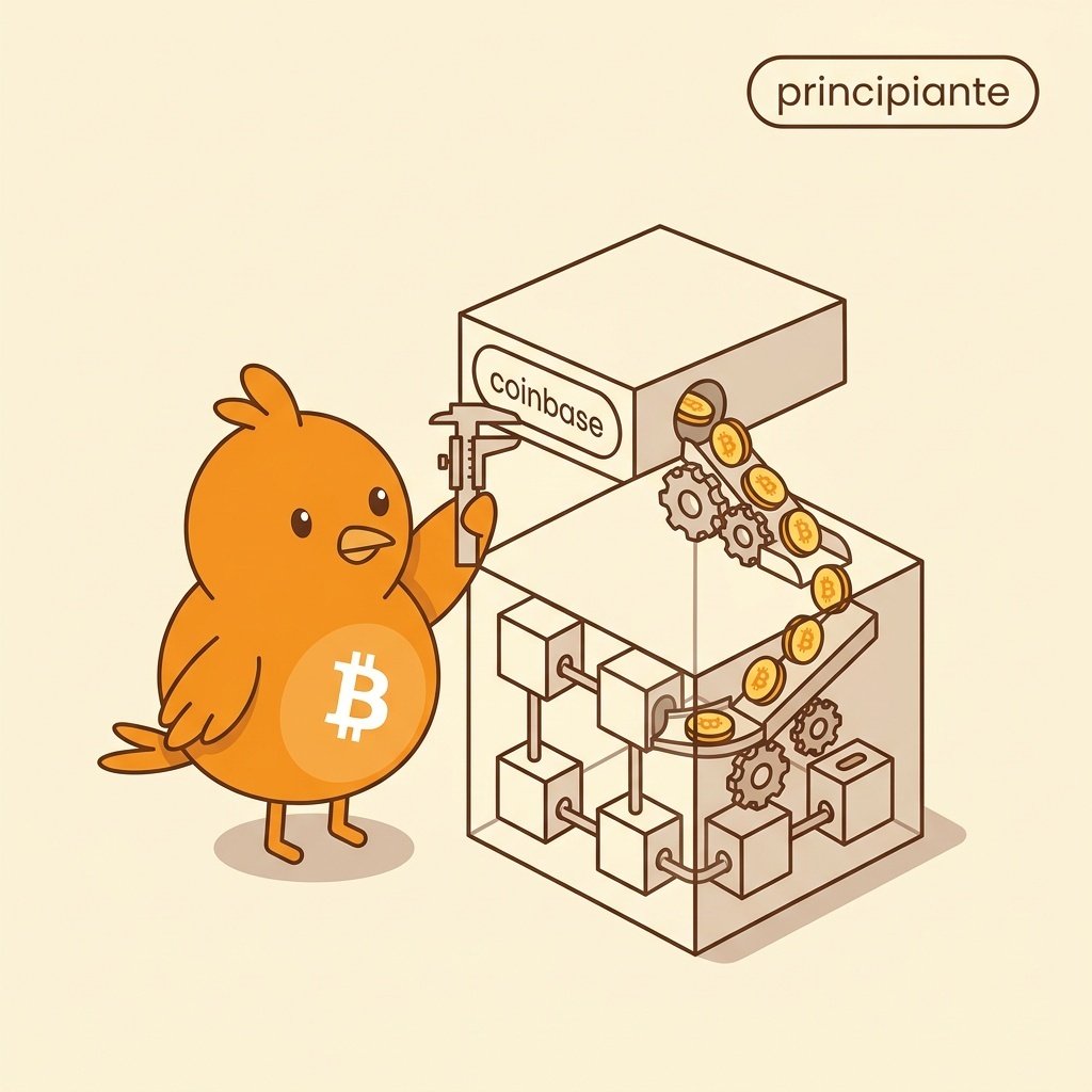 Ilustración de un bloque de Bitcoin con una transacción coinbase destacada en la parte superior, de la que emergen monedas estilizadas. Fondo claro, paleta naranja cálido, estilo vectorial didáctico.