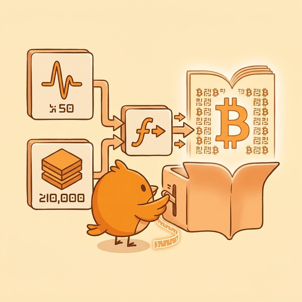 Ilustración didáctica que muestra cómo dos reglas simples del código de Bitcoin (50 BTC iniciales y halvings cada 210.000 bloques) producen el límite de 21 millones como resultado emergente.