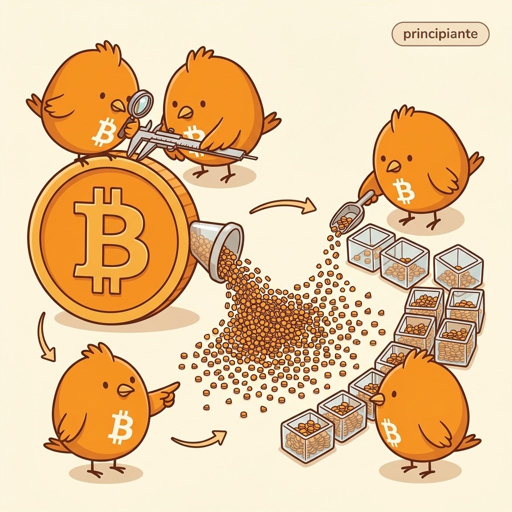 Ilustración de un bitcoin dividido en cien millones de satoshis, unidad mínima de Bitcoin.