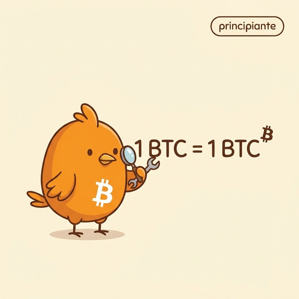 Ilustración con la ecuación 1 BTC = 1 BTC en color naranja sobre fondo claro, estilo vectorial didáctico